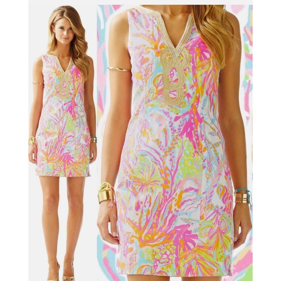 Lilly Pulitzer Sleeveless Mini Dress Gold Trim Tropical Print - Picture 1 of 6